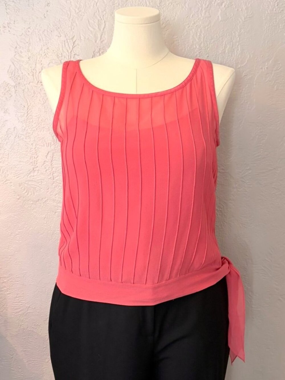 Vintage Y2K Ann Taylor Coral 100% Silk Pintuck Tie Waist Tank Top Lined Sz Large